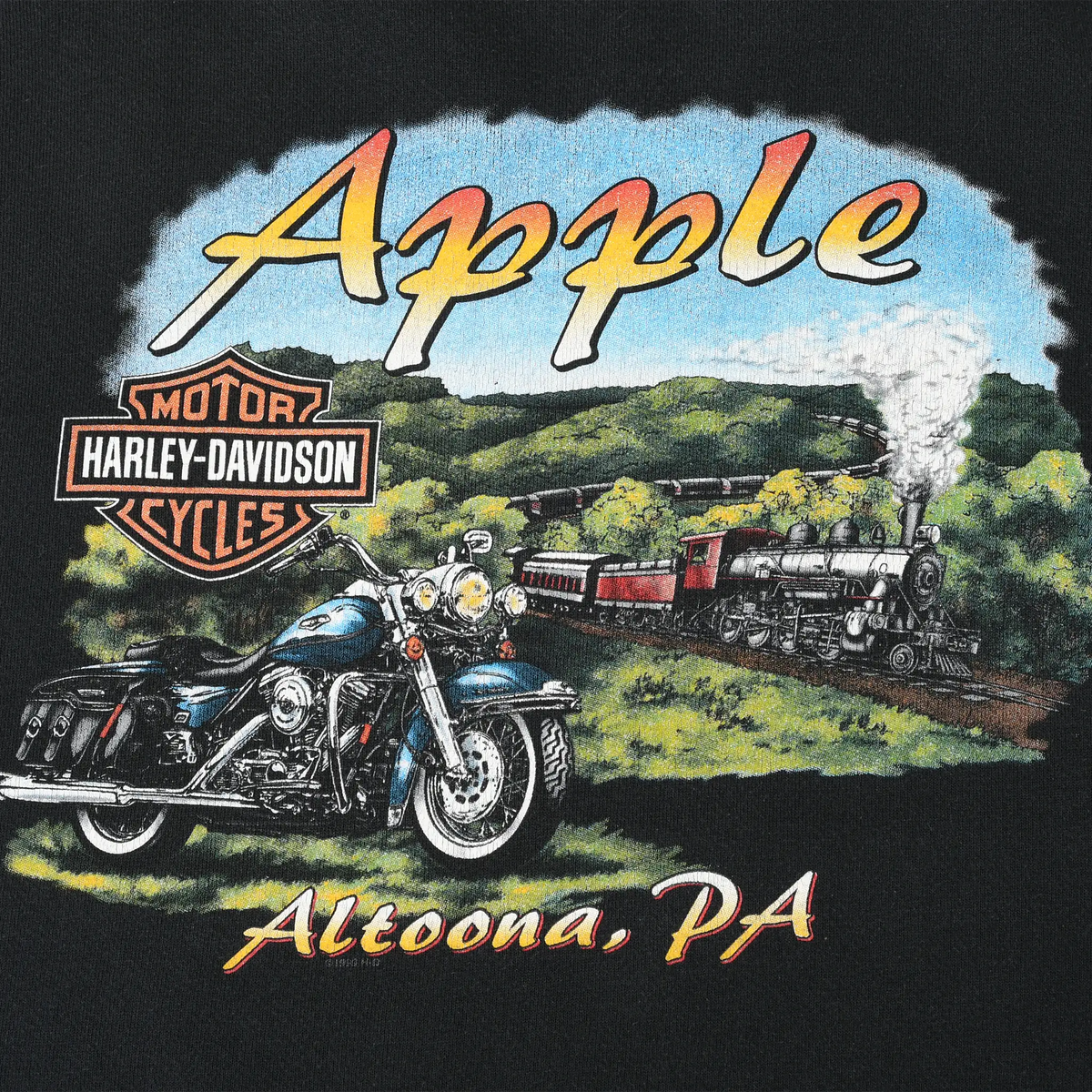 Close-up of Apple Altoona, PA back graphic with motorcycle, steam train, and wooded hills