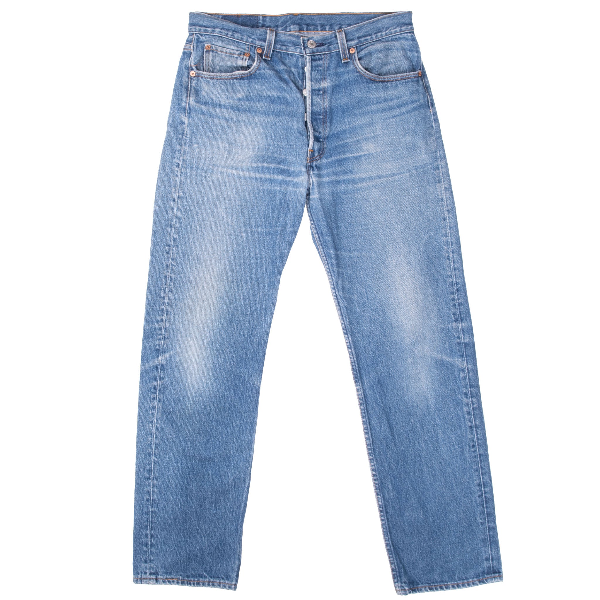 Vintage Preshrunk Levis 501 Indigo Jeans 1990S Size 33X30 W33 L30 Made In Usa With A Medium Wash And some light Whiskers

Size on Tag 35X34 Actual size 33X30

Back Button #653