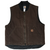 Front of dark brown Carhartt vest with zipper, patch pockets, and quilted lining visible at hem