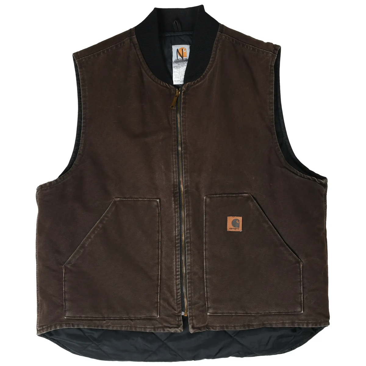 Front of dark brown Carhartt vest with zipper, patch pockets, and quilted lining visible at hem