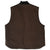 Back of dark brown Carhartt vest with black ribbed collar and curved hem