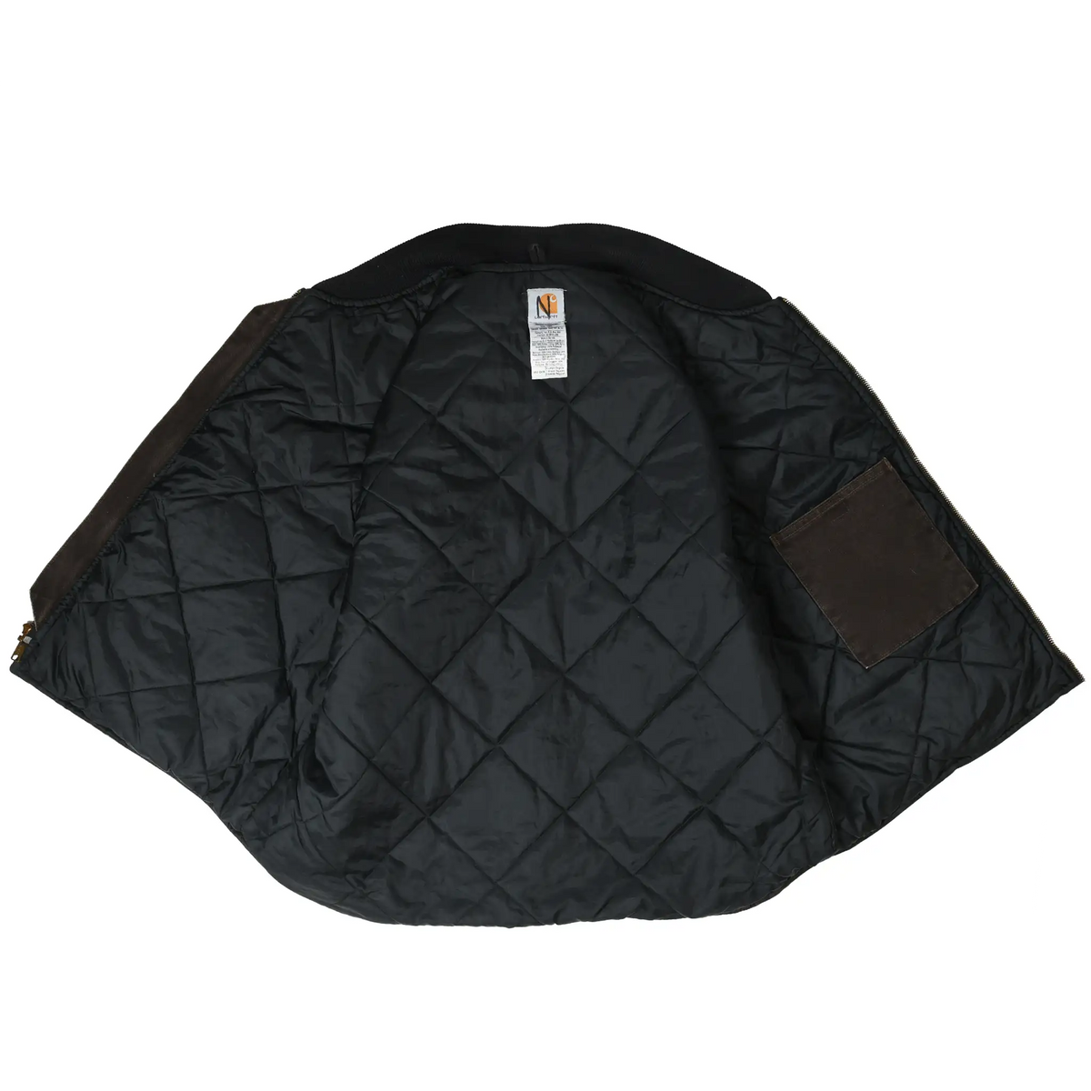 Open Carhartt vest showing black diamond-quilted lining, interior pocket, and neck label