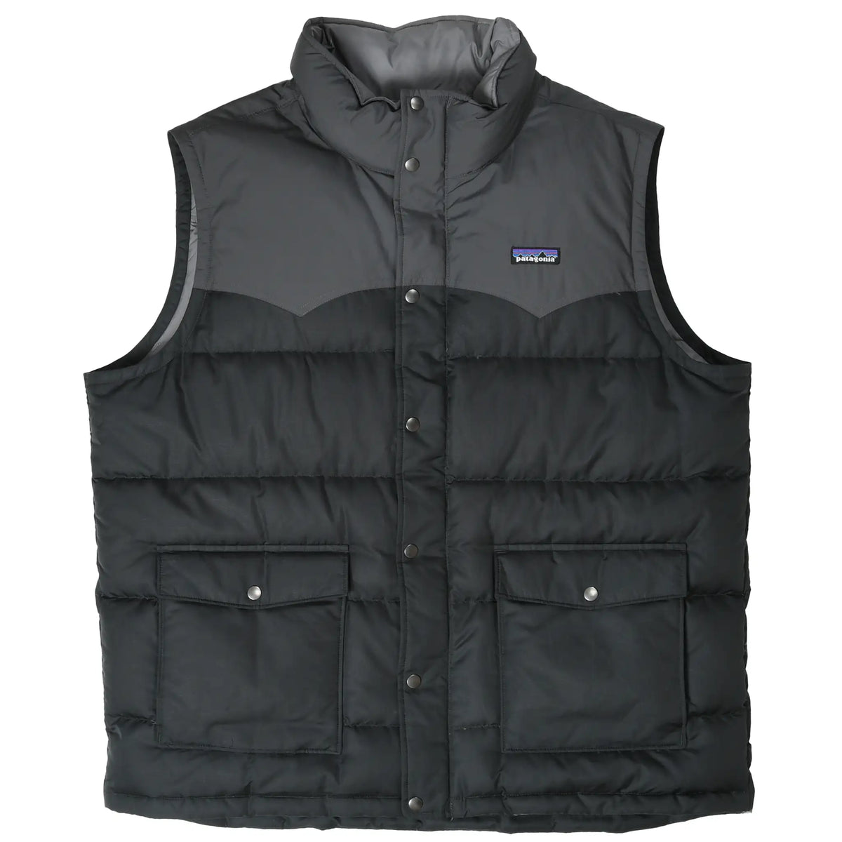 Full front of black and gray Patagonia Slingshot down vest with stand collar and cargo pockets