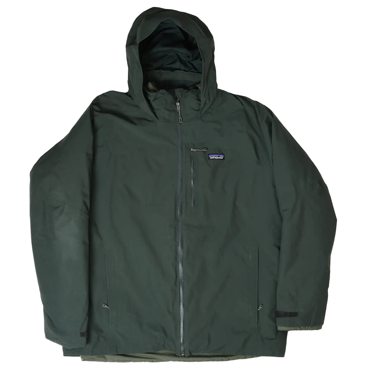Front of green Patagonia Windsweep 3-in-1 jacket with hood and liner attached