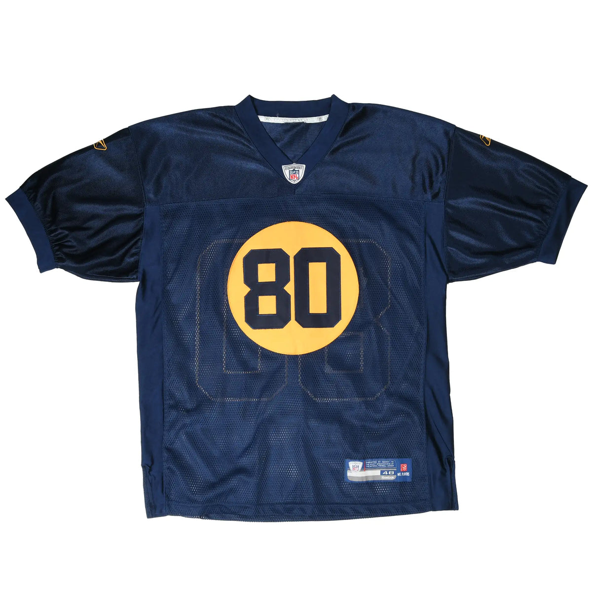 Full front of navy Reebok NFL jersey with yellow circle and number 80 graphic