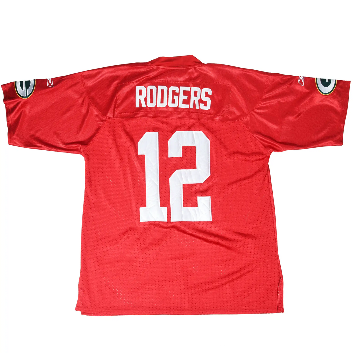 Back of red Green Bay Packers jersey with Rodgers name and white number 12