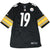 Full front view of black Nike Steelers number 19 jersey with team crest and NFL shield