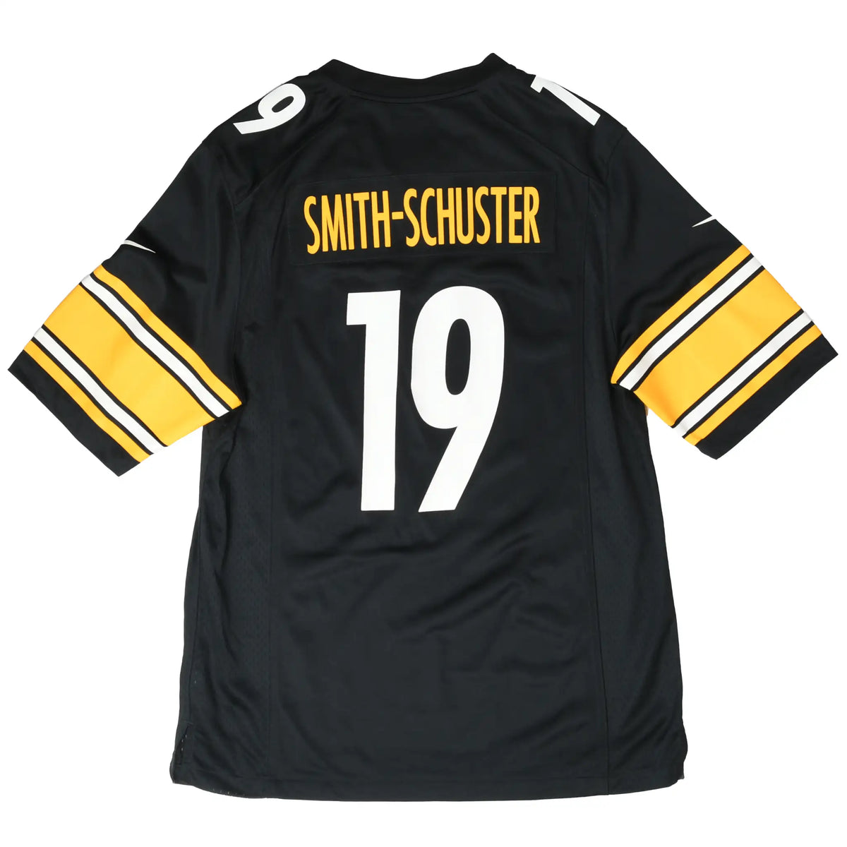 Back of black Steelers jersey with Smith-Schuster name, white 19, and yellow striped sleeves