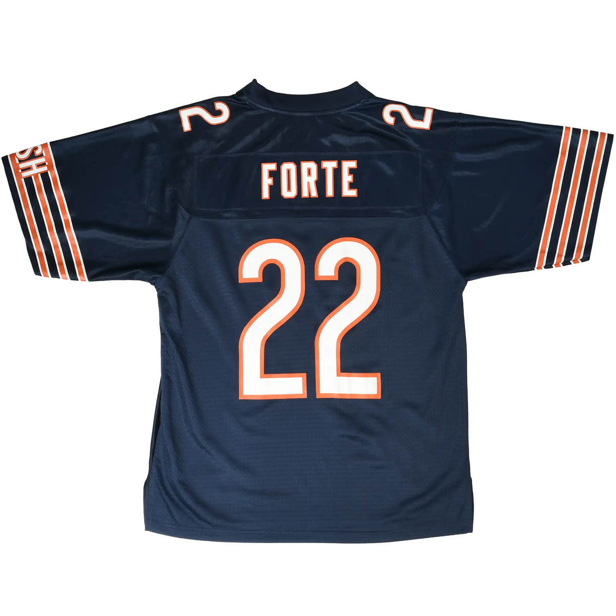 Back of navy Chicago Bears jersey with Forte name, number 22, and striped sleeves