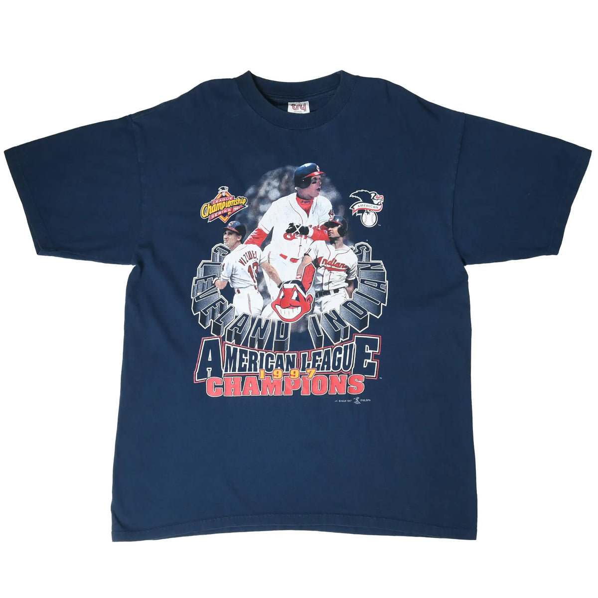 Full front view of navy Cleveland Indians 1997 American League Champions T-shirt