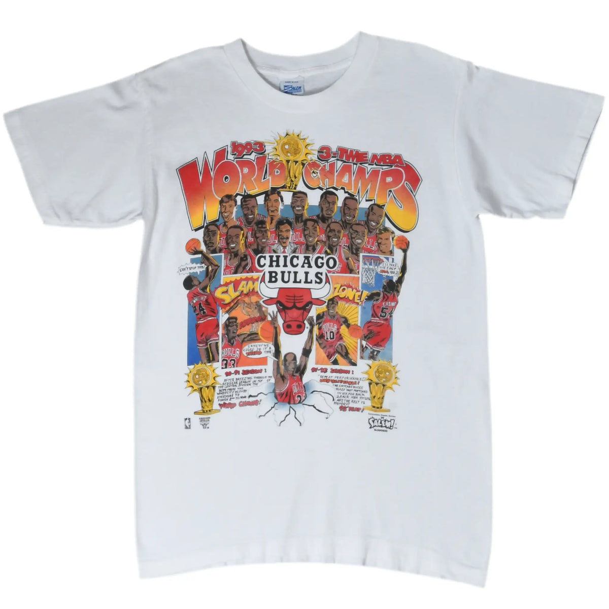 Full front view of white Chicago Bulls T-shirt with 1993 NBA world champions graphic