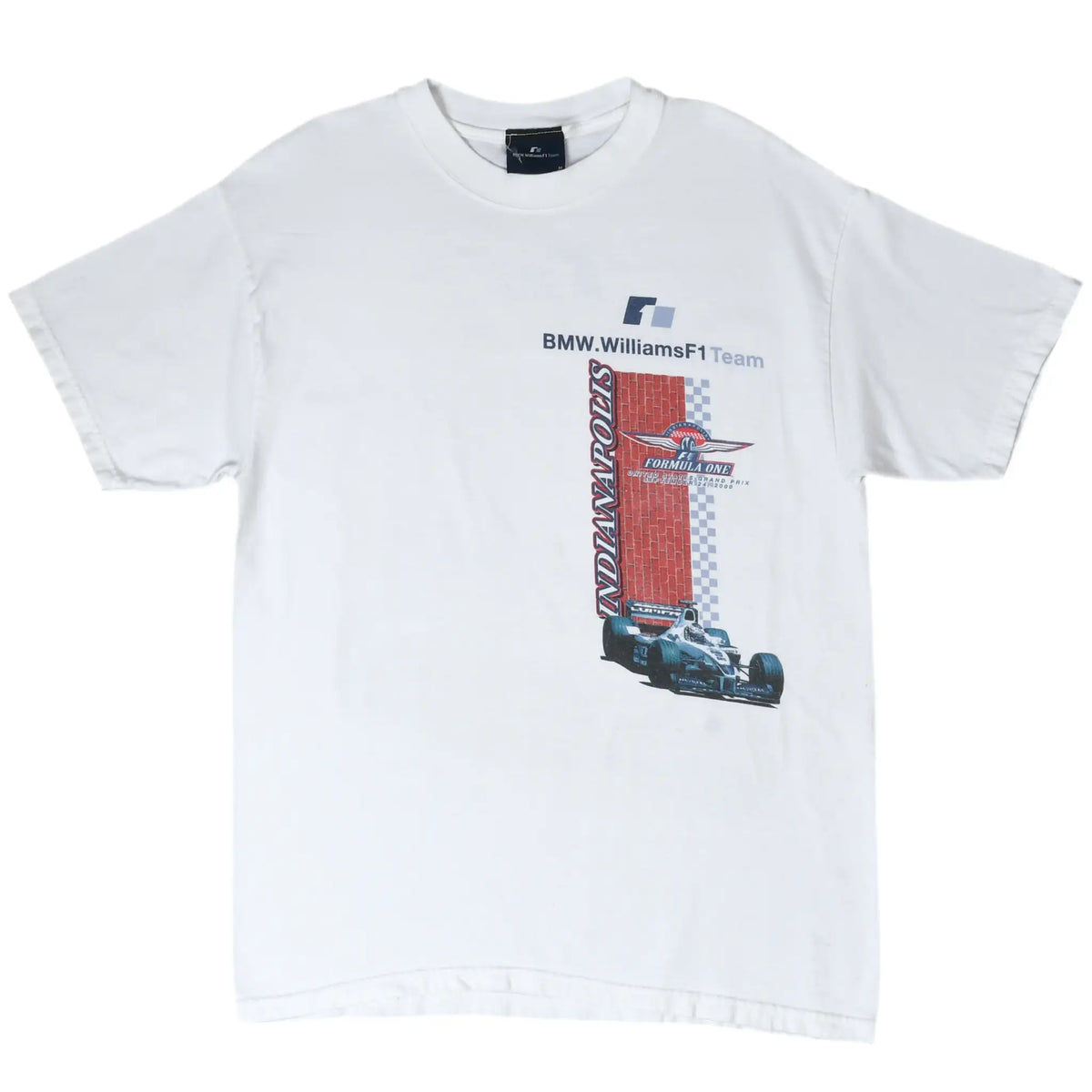 Full front view of white BMW Williams F1 Team T-shirt with race car graphic