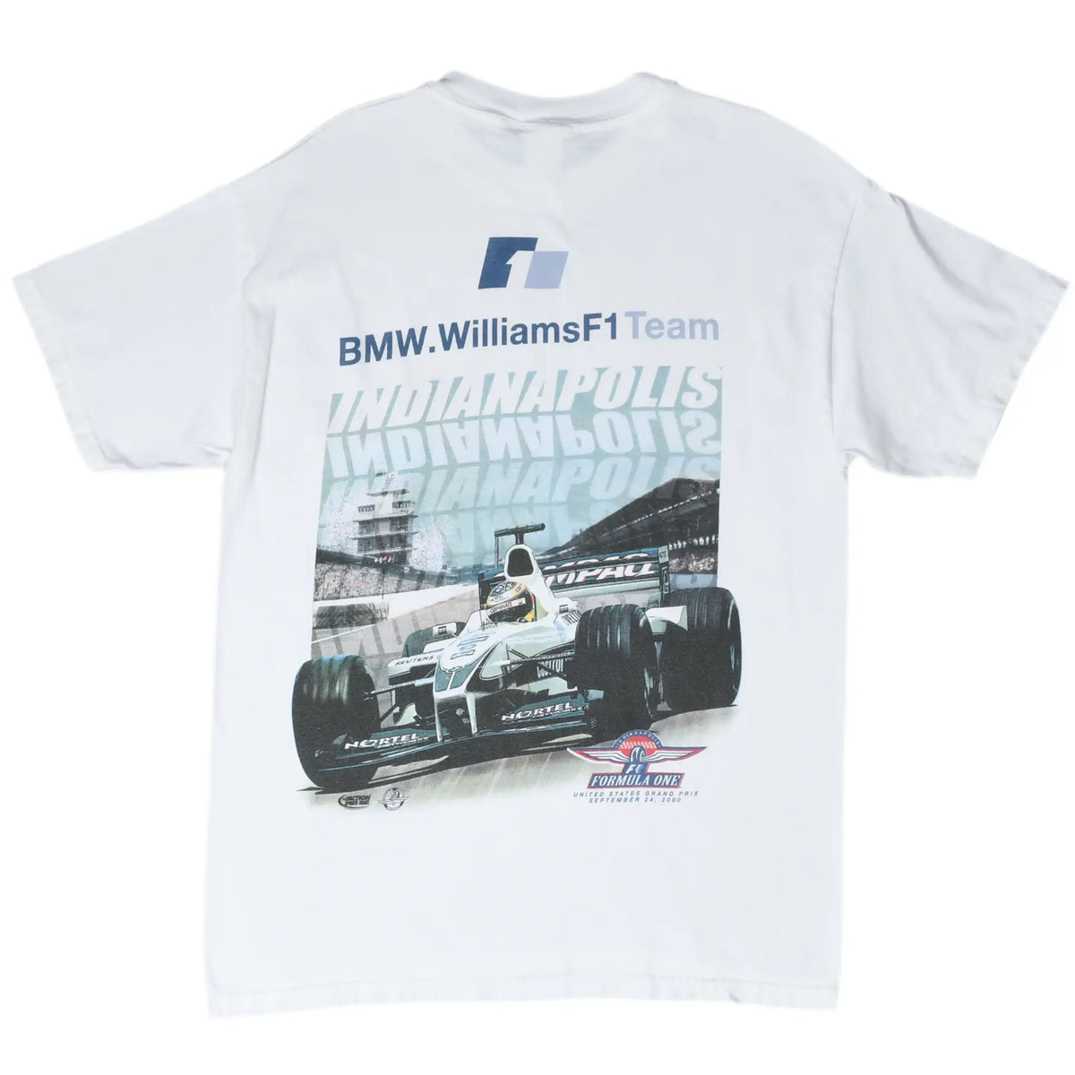 Back of white BMW Williams F1 Team T-shirt with race car and Indianapolis graphic