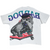 Back of white Bad Dog T-shirt with rear-view roller-skating bulldog graphic