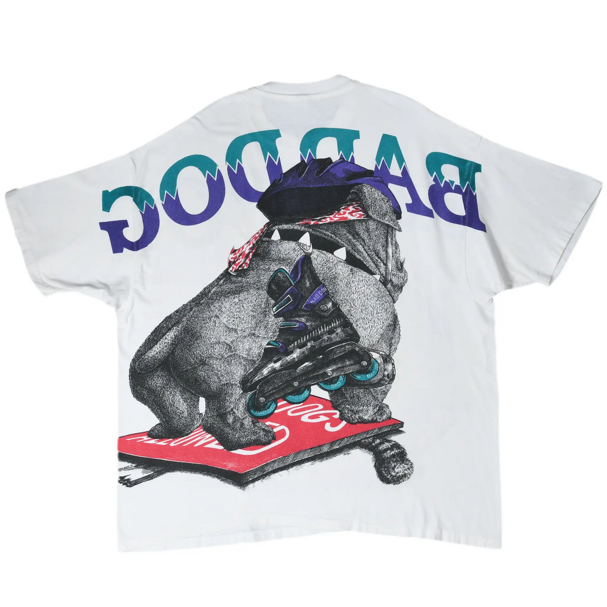 Back of white Bad Dog T-shirt with rear-view roller-skating bulldog graphic