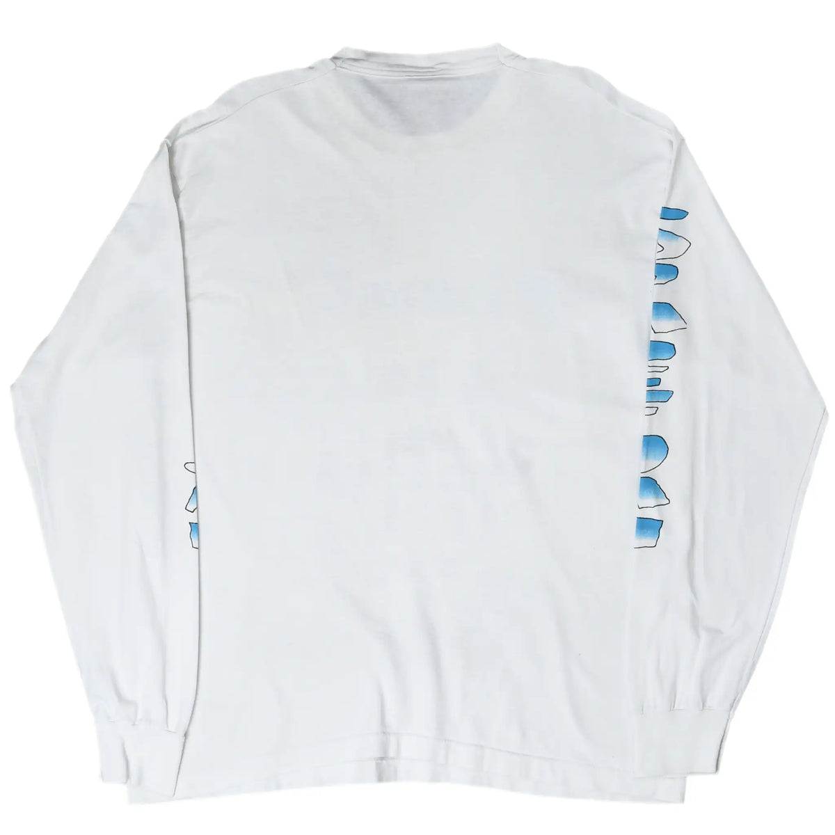Back of white Space Jam long-sleeve tee with partial blue lettering visible on sleeves