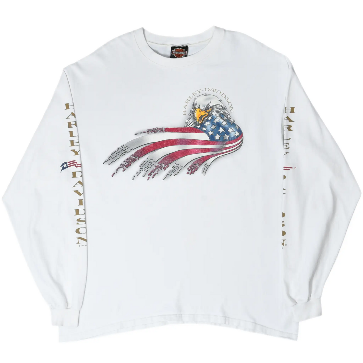 Full front view of white Harley-Davidson long-sleeve tee with eagle, flag, and sleeve prints