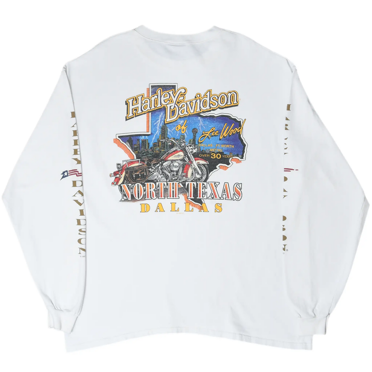 Back of white Harley-Davidson tee with North Texas Dallas motorcycle and skyline graphic