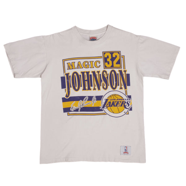 Vintage NBA Magic Johnson 32 Los Angeles Lakers Nutmeg Tee Shirt 1990S Size Large Made In USA With Single Stitch Sleeves.
