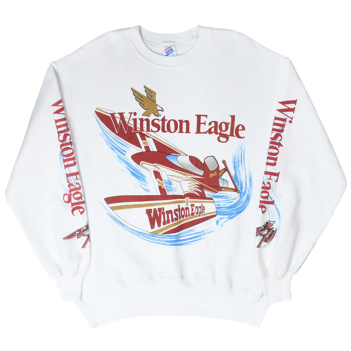 White Winston Eagle racing sweatshirt front with red boat graphic and printed sleeves