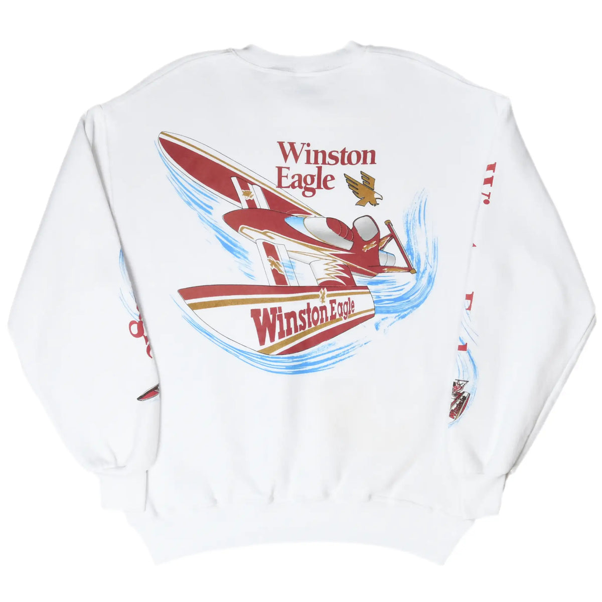 Back of white Winston Eagle sweatshirt with red hydroplane racing graphic