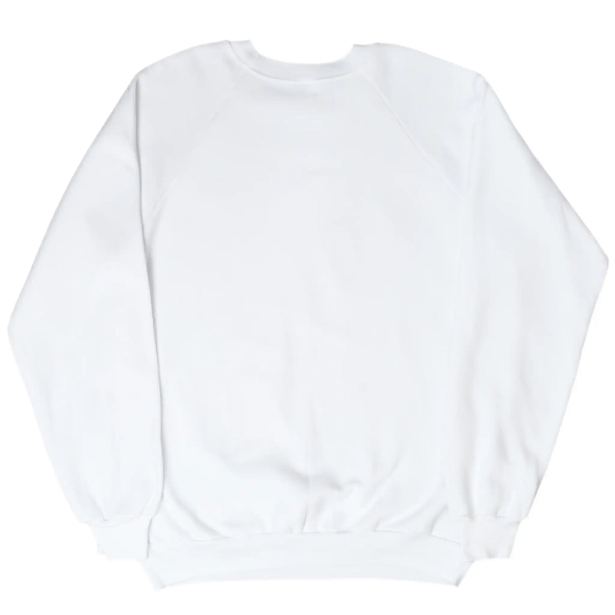 Plain back of white crewneck sweatshirt with ribbed cuffs and hem