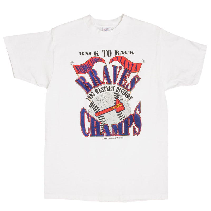 Vintage MLB Atlanta Braves Western Division Champions 1992 Back to Back White Tee Shirt Size Medium Made In USA With Single Stitch Sleeves