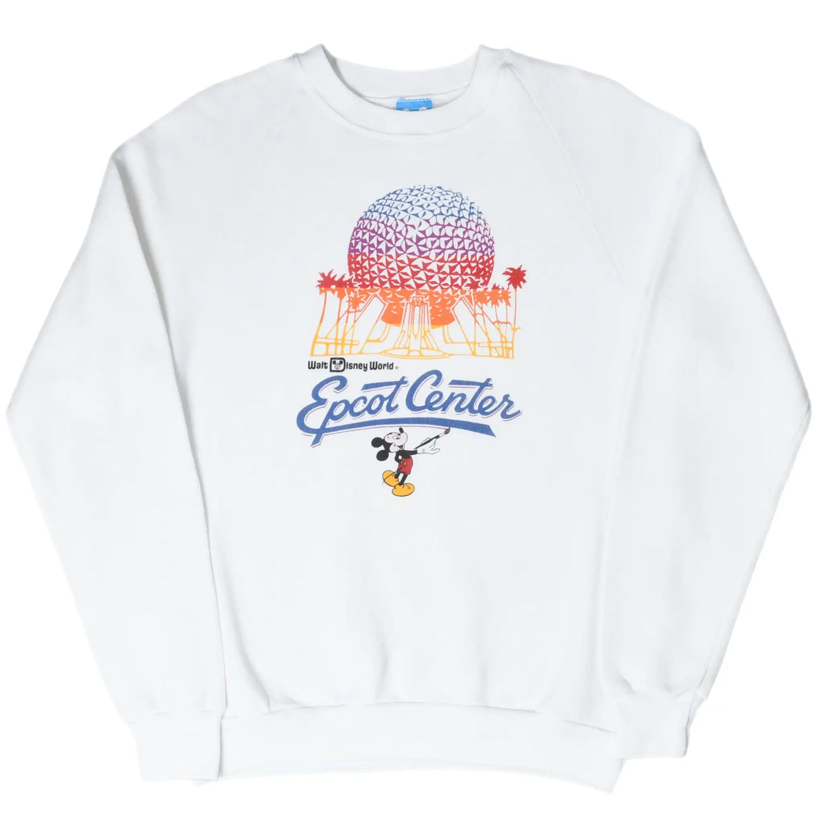 White Epcot Center crewneck sweatshirt front with multicolor Spaceship Earth and Mickey Mouse print