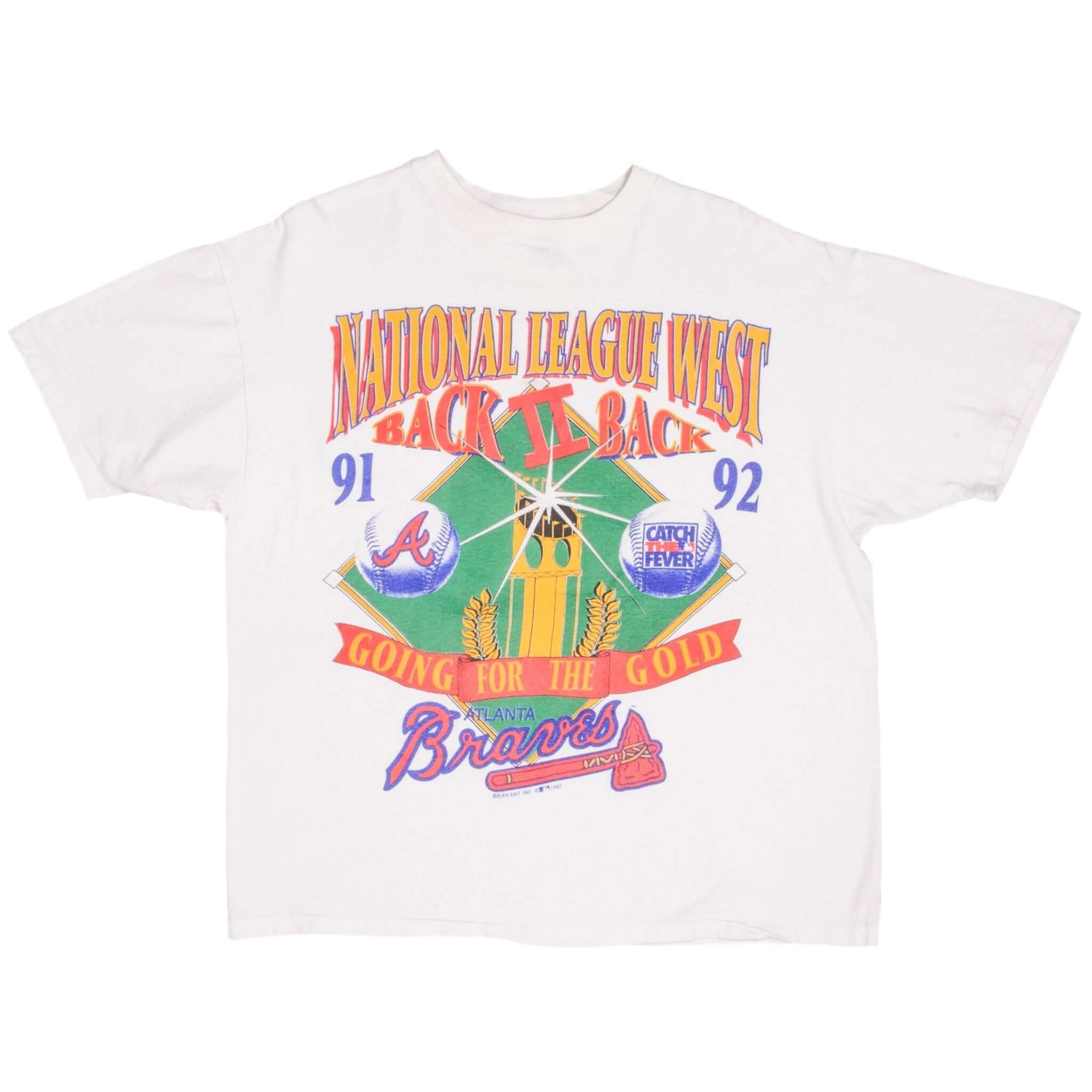 Vintage MLB Atlanta Braves Western Division Champions 1992 Back to Back White Tee Shirt Size XL Made In USA With Single Stitch Sleeves