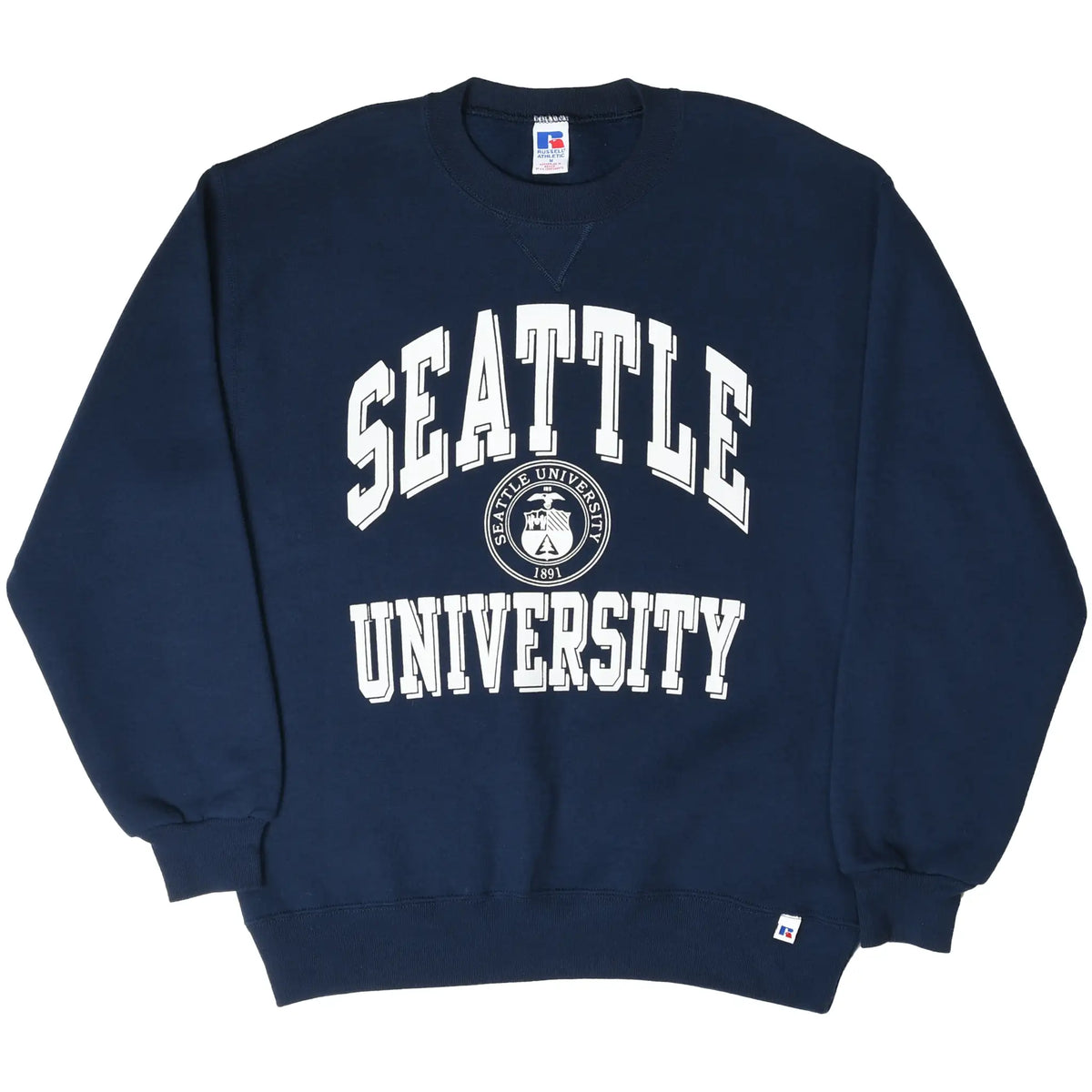 Full front view of navy Seattle University crewneck sweatshirt with white lettering and crest