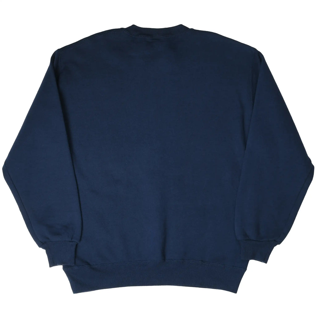 Back of navy crewneck sweatshirt with plain design and ribbed cuffs and hem