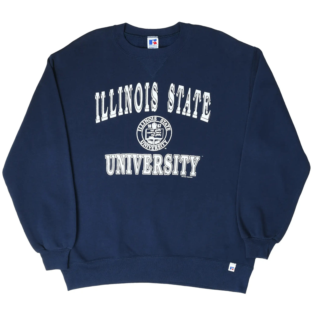 Full front view of navy Illinois State University sweatshirt with white collegiate print