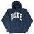 Front view of navy Duke University pullover hoodie with white DUKE lettering