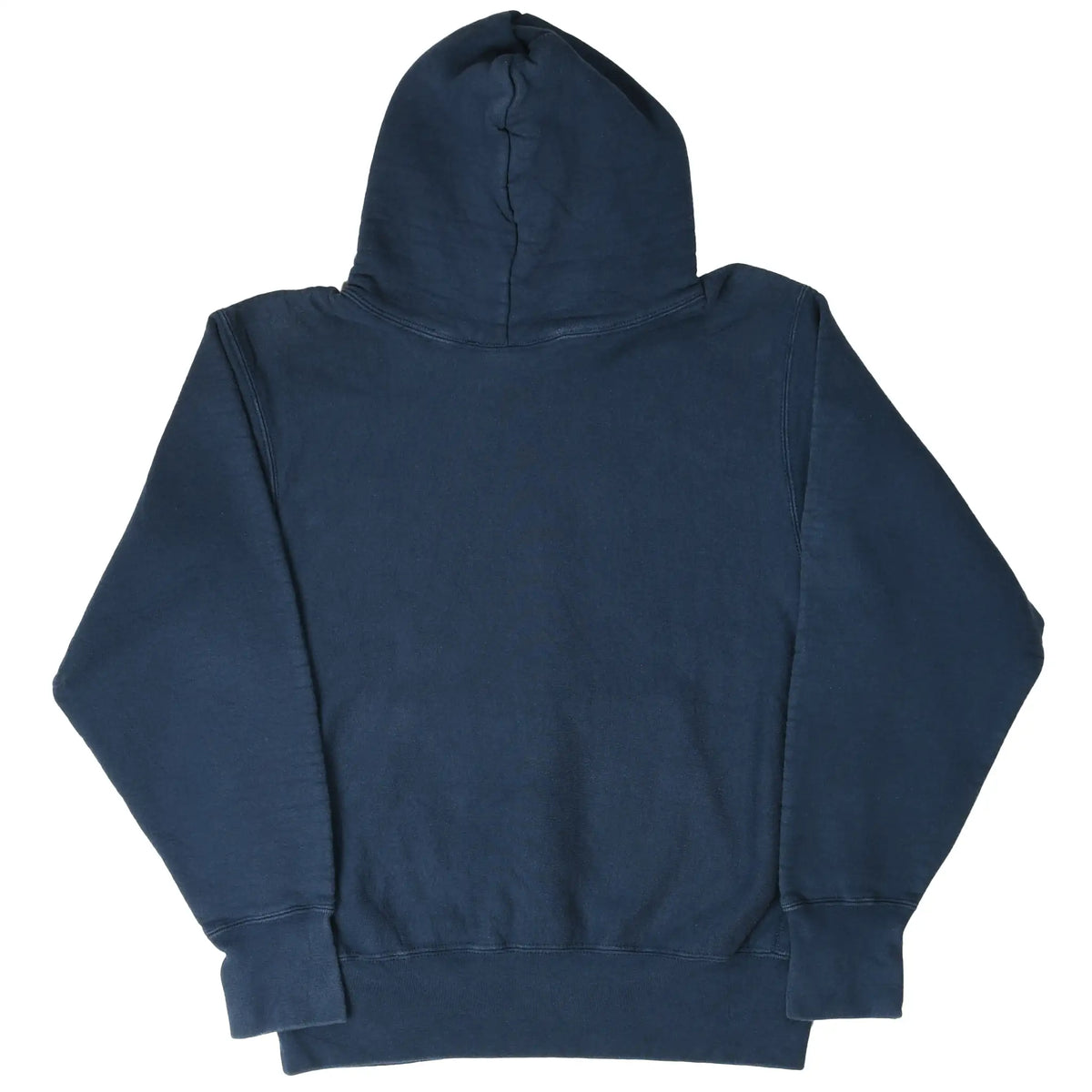 Back of navy Duke University hoodie showing plain body and hood