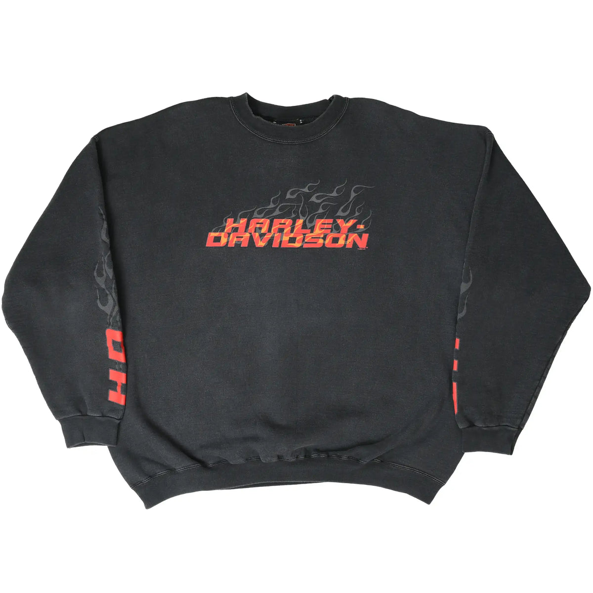 Full front view of black Harley-Davidson crewneck sweatshirt with flame logo and sleeve prints
