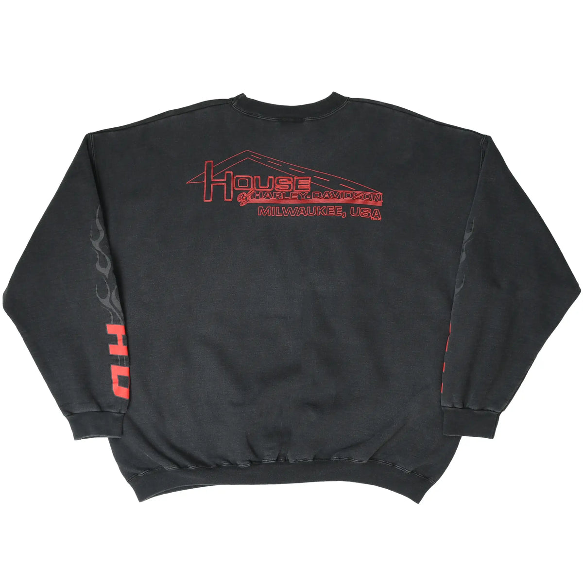 Back of black sweatshirt with red House of Harley-Davidson Milwaukee, USA graphic