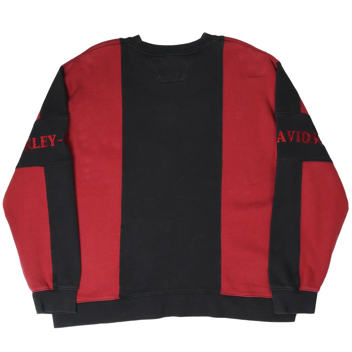 Back of black and red Harley-Davidson sweatshirt with embroidered lettering across sleeves