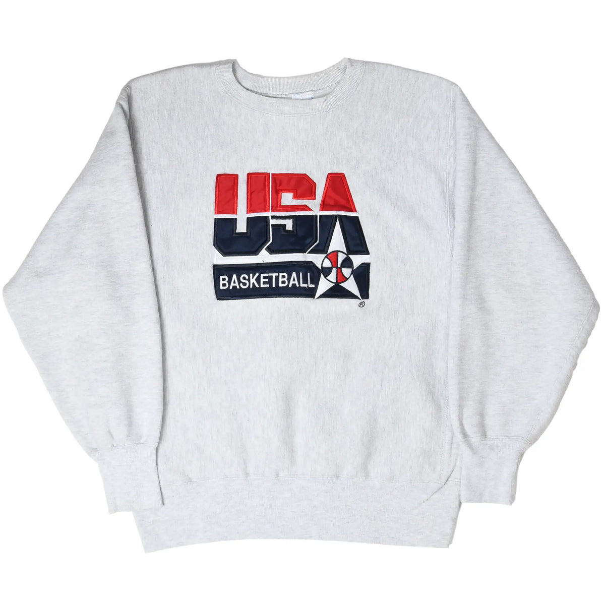 Full front view of gray Champion sweatshirt with USA Basketball chest graphic