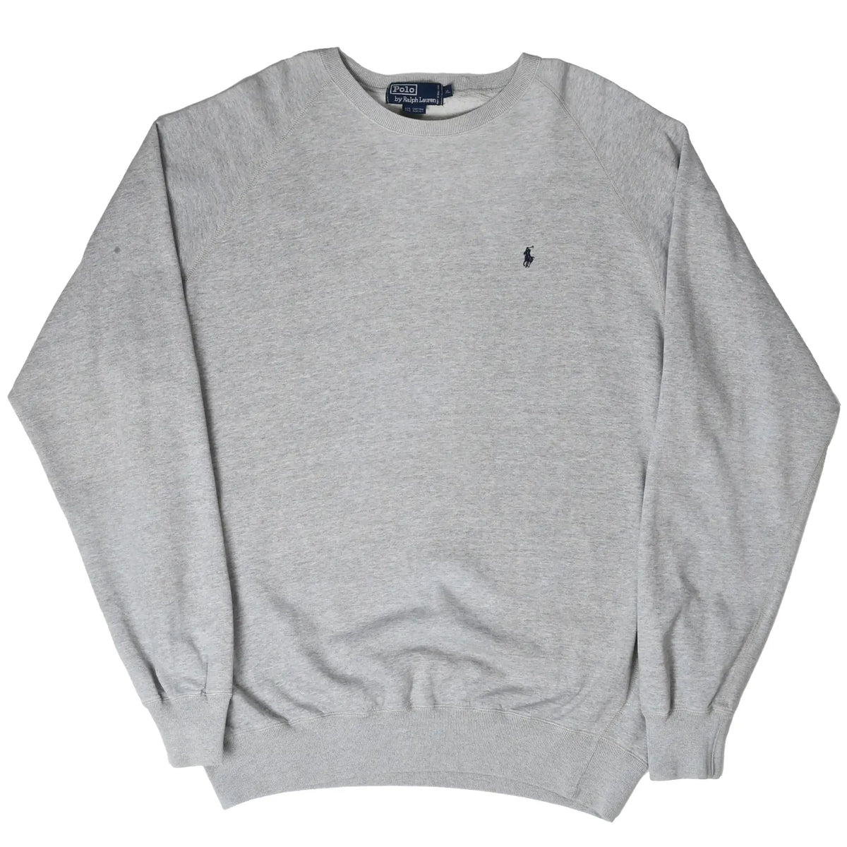 Full front view of grey Polo Ralph Lauren crewneck sweatshirt with ribbed cuffs and hem