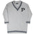 Full front of grey Polo Ralph Lauren sweater dress with navy and white striped trim and P patch