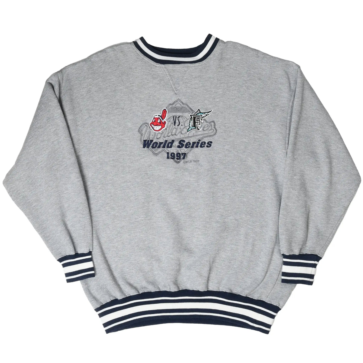 Full front of gray 1997 World Series sweatshirt with navy and white striped trim
