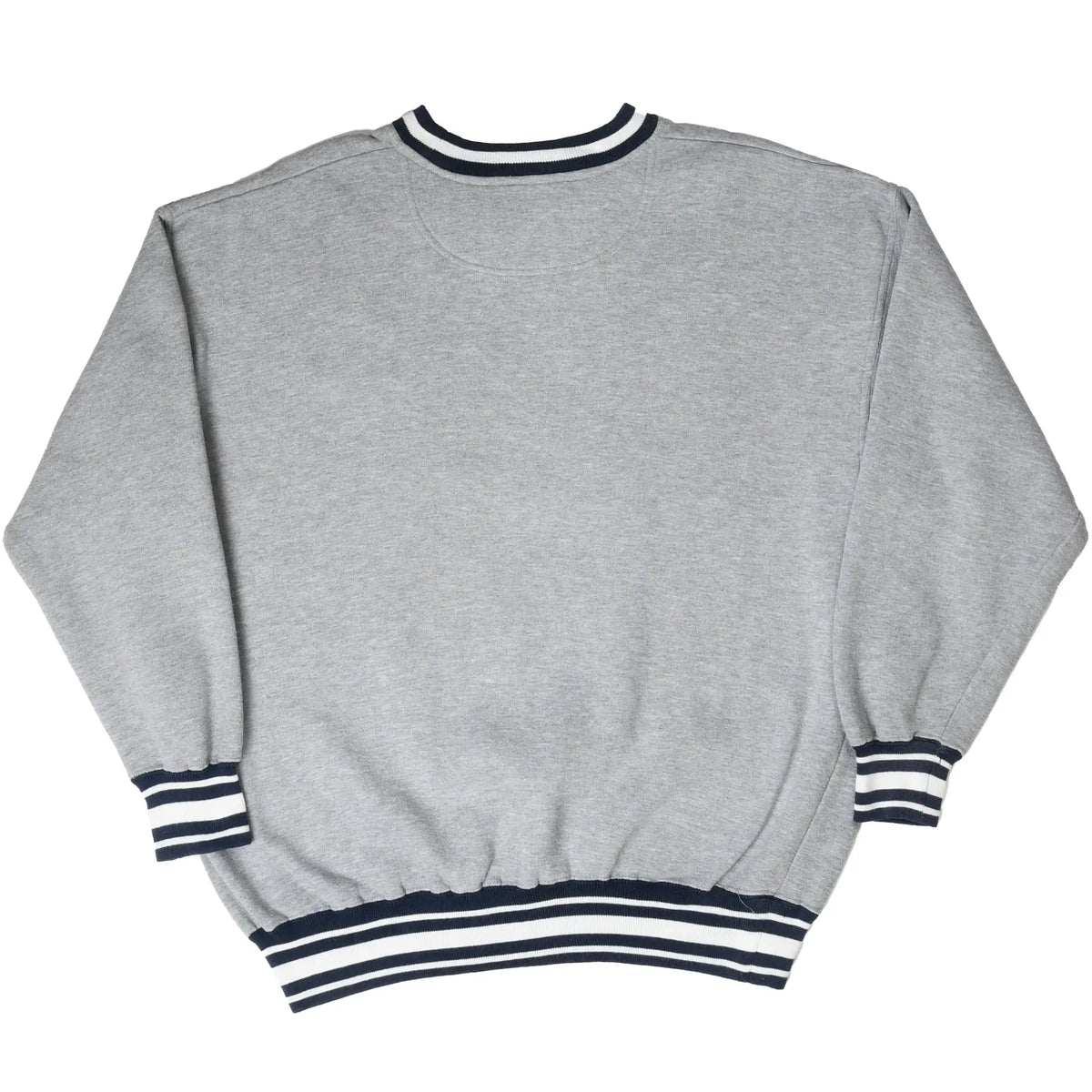 Back of gray sweatshirt with navy and white striped collar, cuffs, and waistband