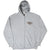 Front view of gray Harley-Davidson zip-up hoodie with hood, drawstrings, and chest logo