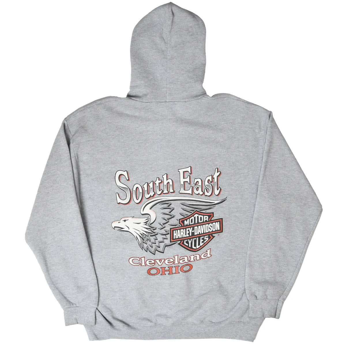 Back of gray Harley-Davidson hoodie with South East Cleveland Ohio eagle graphic