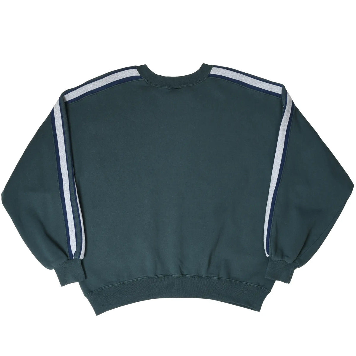 Back of dark green Russell Athletic crewneck sweatshirt with navy and gray sleeve stripes