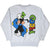 Back of gray Disney sweatshirt with seated Goofy and colorful vertical GOOFY lettering