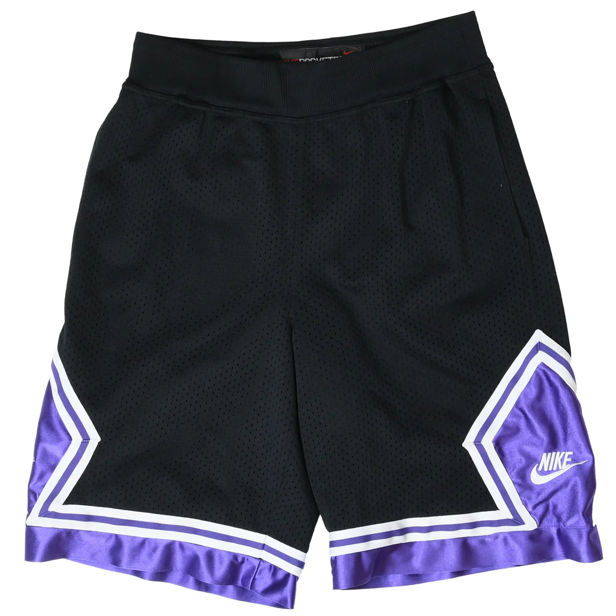 Front of black Nike basketball shorts with purple and white trim and Swoosh logo