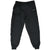 Front view of black Nike track pants with white Swoosh embroidery and elastic cuffs