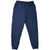 Front of navy blue Nike track pants with elastic waist, embroidered Swoosh, and zip cuffs