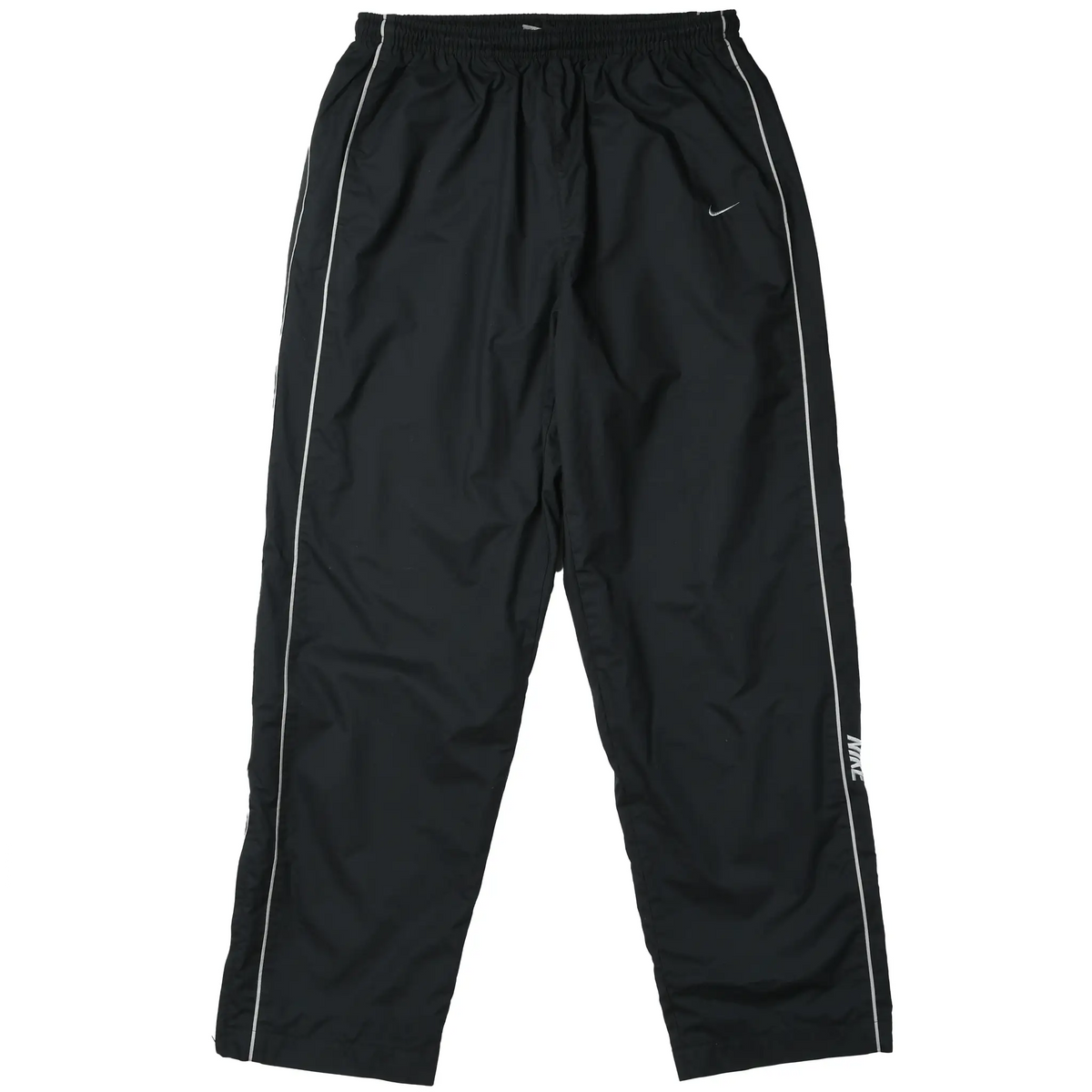 Front of black Nike track pants with white piping, Swoosh embroidery, and leg logo